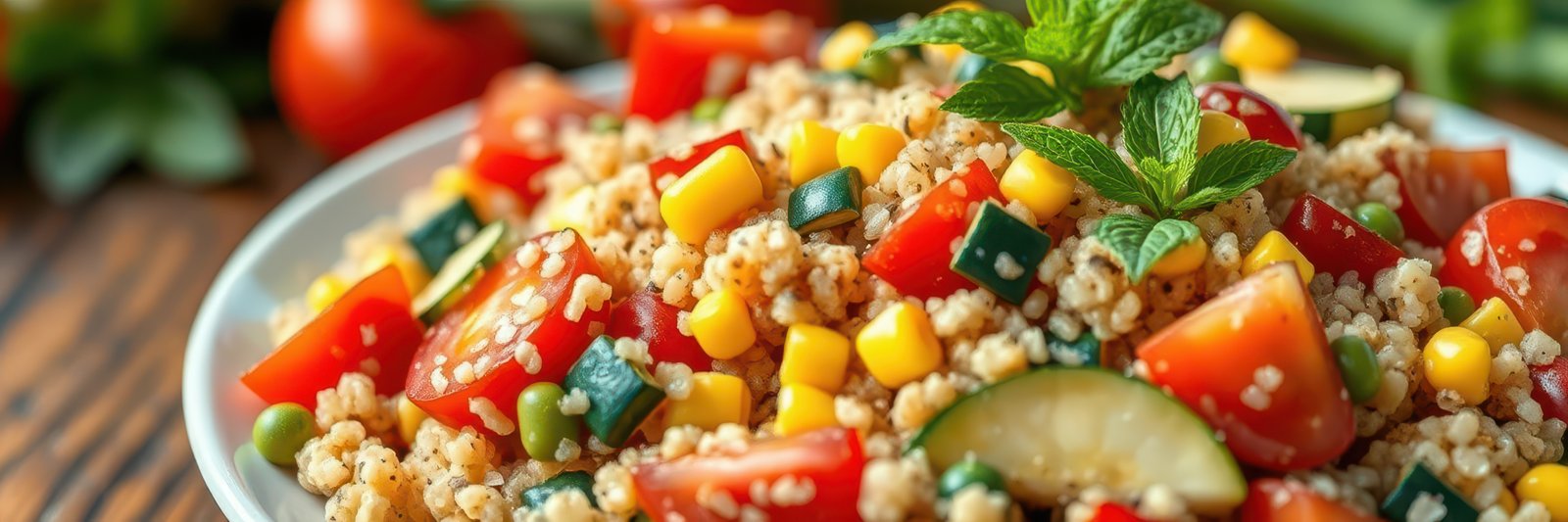 Fresh quinoa salad with colorful vegetables and mint served on a rustic wooden table